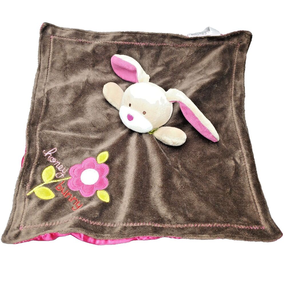 Carters Honey Bunny Brown Pink Blanket Lovey Plush Rattle Pink Satin Brown 15"